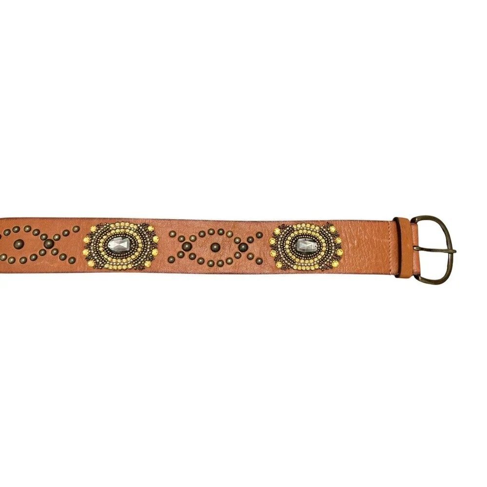 Boho Western Genuine Leather Studded Beaded Jeweled Statement Belt L XL